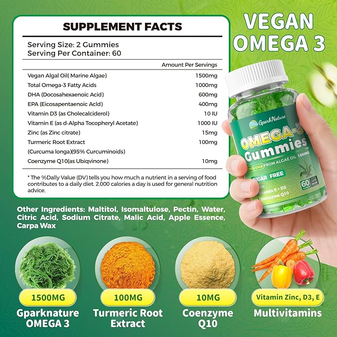 Omega 3 Fatty Acid Supplements for WomanVegen Omega-3 Supplement Gummies 1500Mg from Algae 0il(DHA 600mg &amp EPA 300mg) Turmeric Gummy for Adults Vitamins D3 E Zinc &amp MSM Sugar Free