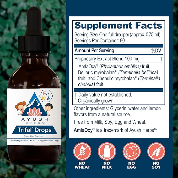 Ayush Herbs Trifal Drops - Digestive &amp Immune Wellness Booster for Kids Kids Alcohol Free Digestive Support Drops with Amla for Toddlers Children - 2 FL Oz Dropper Bottle (80 Servings)