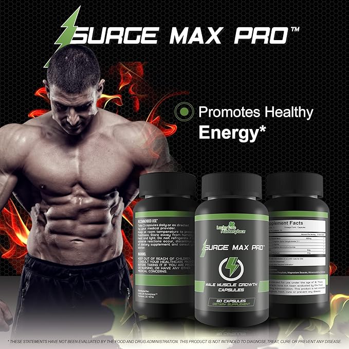 Surge Max Pro - Muscle Growth Formula - Enhance Power Strength Stamina &amp Energy - Explosive Muscle Pump - Big Gains - Aid Oxygen &amp Nutrient Delivery to Muscles - L-Arginine - Build Muscle M