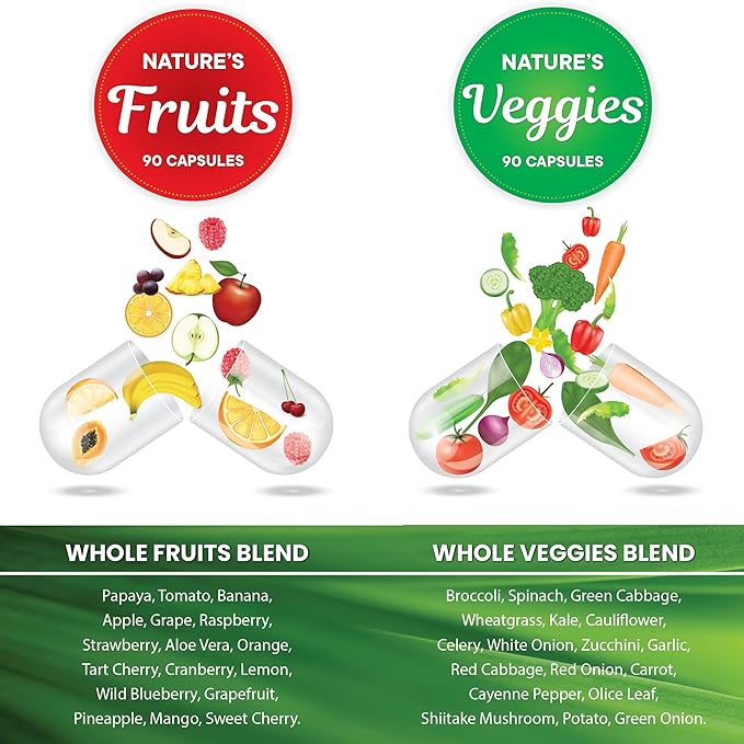 Superfood 180 Fruit and 180 Veggie Capsules - Whole Food Natural Superfoods - Maintain Energy Levels with Beta Carotene - Soy Free (90 Count (Pack of 4)