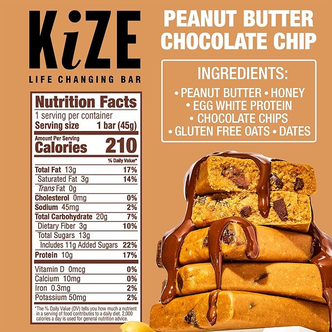KiZE Energy Bars - Peanut Butter Chocolate Chip - 20-Count - Gluten Free Dairy Free Non-GMO and High Protein Meal Replacement Energy Bars Clean and Simple Food Ingredients - 10g High Protein Snack