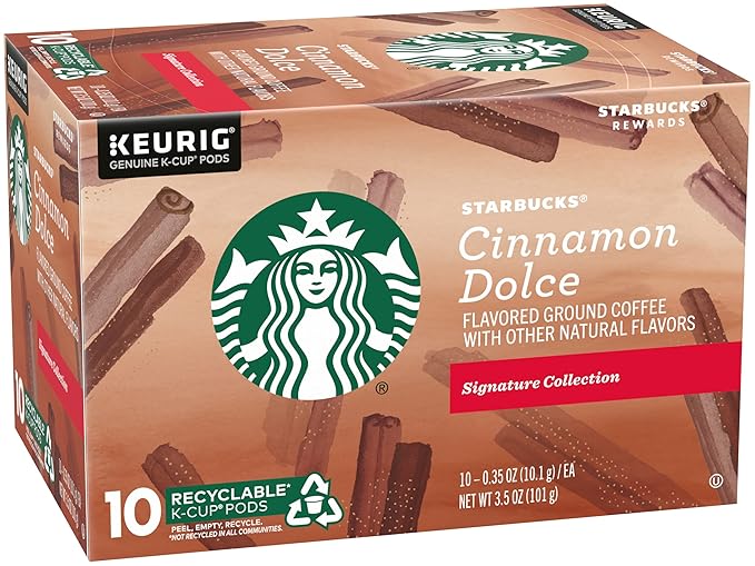 Starbucks Flavored Ground Coffee K-Cup PodsCinnamon DolceFlavored Ground Coffee Signature CollectionRecyclable K-Cups10 K-Cup Pods/Box (Pack of 2 Boxes)10 Count (Pack of 2)