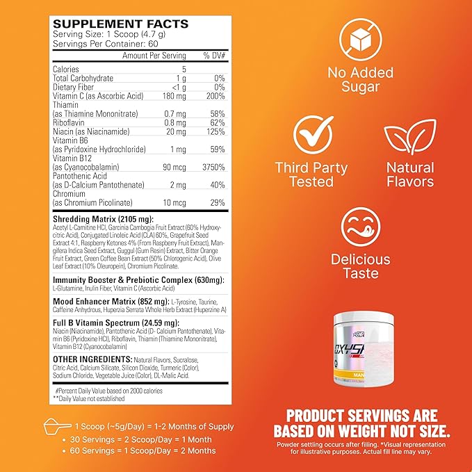 EHP Labs OxyShred Pre Workout Powder - Preworkout Powder with L Glutamine &amp Acetyl L Carnitine Energy Boost Drink - Mango 60 Servings