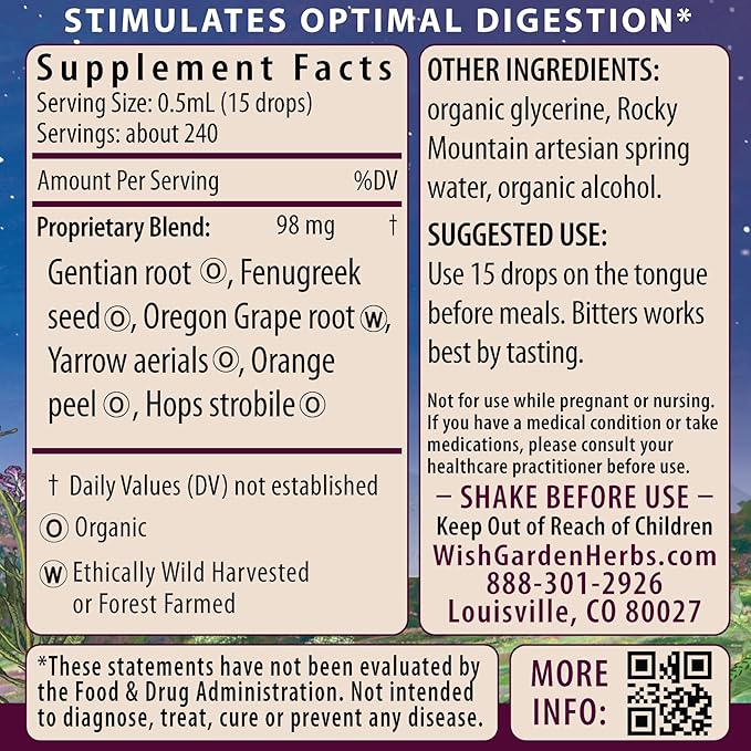 WishGarden Herbs Badass Bitters Organic Digestive Bitters Gentian Root &amp Fenugreek Herbal Formula for Bloating &amp Digestion Swedish Bitters Liquid Drops Gluten-Free Vegan 4oz