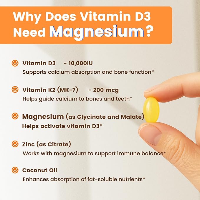 VEV Vitamin D3 K2 10000 IU Magnesium Supplement – with Vitamin D and K (MK-7) Magnesium Glycinate &amp Malate Zinc Citrate – 300 Softgels for Energy Bone &amp Muscle Support
