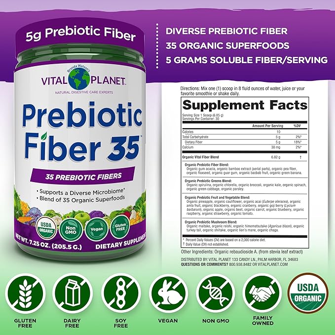 Vital Planet - Fiber 35 Powder Diverse Fiber Supplement for Dietary Support and Occasional Constipation with 35 Prebiotic Fibers and 35 Organic Superfoods to Maintain Bowel Regularity 6.77 oz