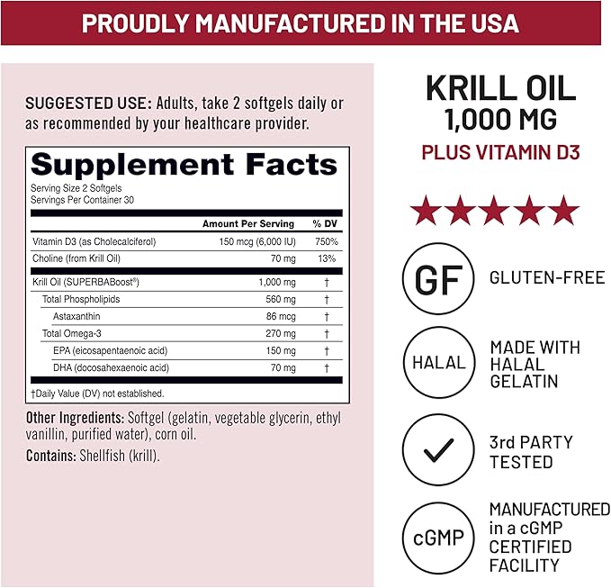 NatureWise Krill Oil 1000 mg + Vitamin D3 6000 IU - SUPERBAboost Concentrated Antarctic Krill Oil - Omega-3 EPA &amp DHA Phospholipids &amp Astaxanthin - Non-GMO - 60 Softgels[30 Day Supply]
