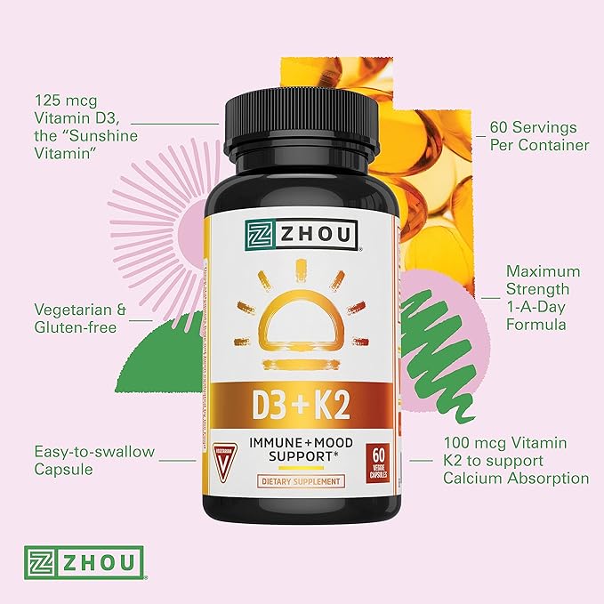 ZHOU Black Seed Oil &amp D3+K2 - Black Cumin Seed Oil Cold Pressed Nigella Sativa Immune Support Vitamin D3 K2 Supplement for Women &amp Men - Pack of 2 8 fl oz + 60 Capsules