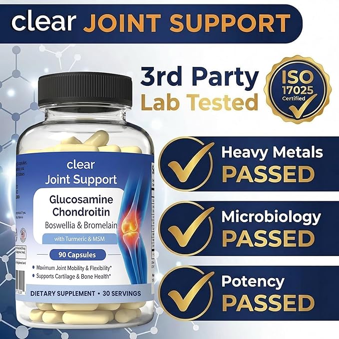 Glucosamine Chondroitin MSM with Turmeric 180 Capsules - Joint Supplements for Women &amp Men – with Boswellia Quercetin – Clear Joint Support Supplement for Flexibility Mobility Cartilage Repair