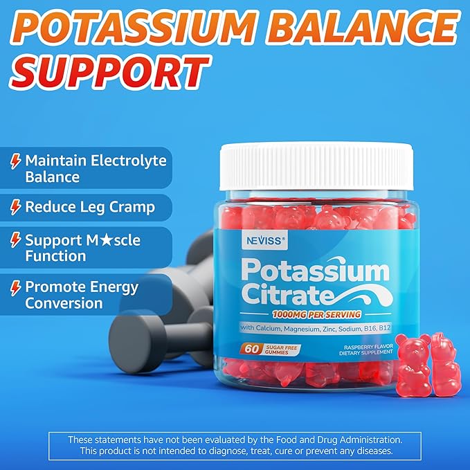 Potassium Citrate 1000mg Gummies Potassium Magnesium Supplement + Calcium Zinc Sodium Vitamin B6 B12 Support Leg Cramps Electrolyte Balance Body Performance Energy Boost Sugar Free 120 Cts