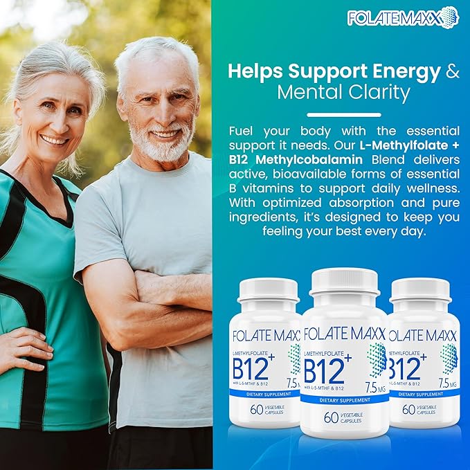 L Methylfolate 7.5mg Plus B12 Methyl - 60 Capsules - 5-MTHF with B12 Methylcobalamin Supplement for Mood Methylation and Cognition - Bioactive Forms of Vitamin B9 &amp B12-2 Month Supply