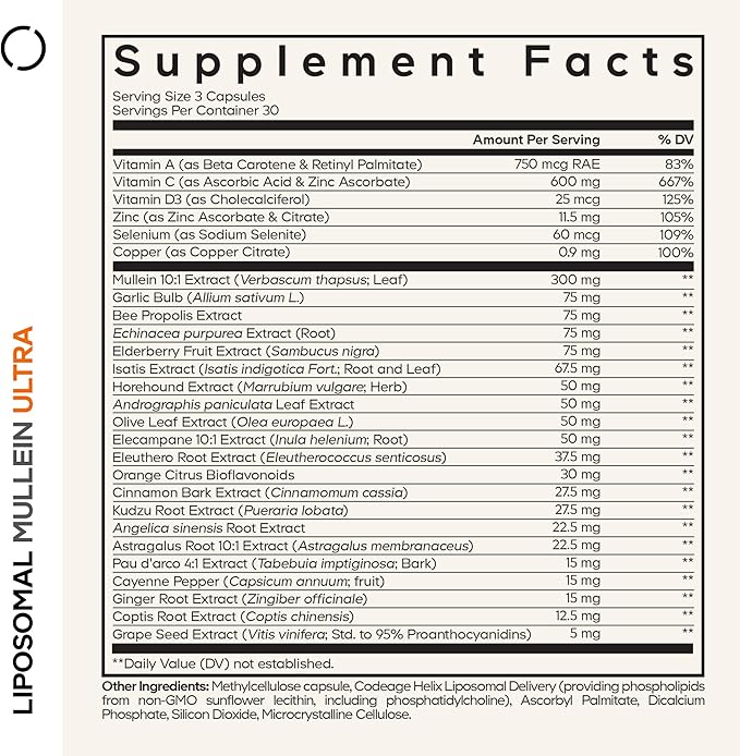 Codeage Liposomal Mullein Ultra Supplement - Mullein 10:1 Extract Elderberry Bee Propolis Echinacea Ginger Root Andrographis Kudzu Vitamins Elecampane Eleuthero Isatis Non-GMO - 90 Capsules