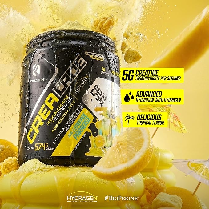 Forzagen Crea-Lade Creatine Monohydrate with Electrolytes &amp Hydration Support 5g Creatine Hydragen™ Blend Magnesium Sodium Potassium BioPerine® Natural Lemonade Flavor 70 Servings