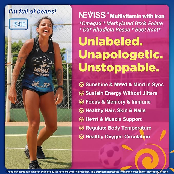 NEVISS Methylated Multivitamin Gummies with Iron for Women Omega-3 B6 Folate B12 Inositol for Daytime Routine Daily Vitamin Gummy ALA | Beet Root | Astaxanthin Energy Brain Antioxidant Vegan
