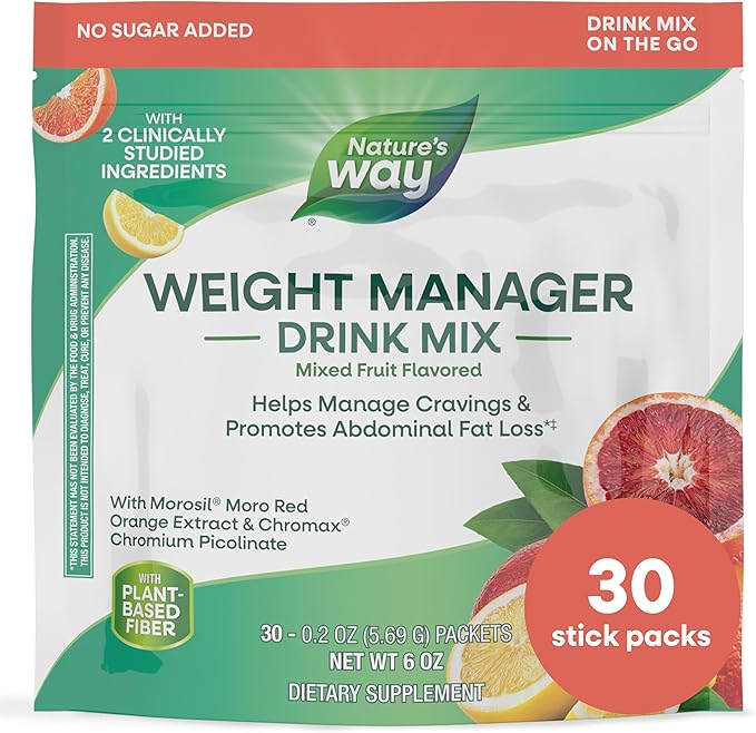 Nature's Way Weight Manager Drink Mix Packets Supports Craving Management &amp Abdominal Fat Loss*(1) with Clinically Studied Ingredients Plant-Based Fiber No Sugar Mixed Fruit Flavored 30 Pack