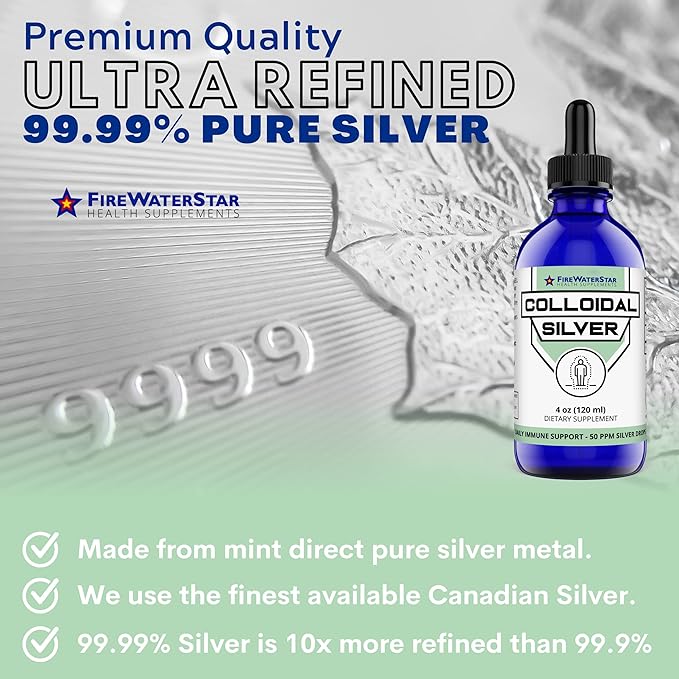 FWS Colloidal Silver Liquid Silver Drops 99.99% Pure Silver 4 oz Glass Bottle 60 Servings (2 Month Supply) 50 ppm Concentrated for Easy and Convenient Servings