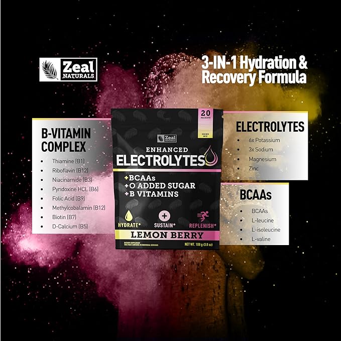 Enhanced Electrolyte Powder Stick Packs (Lemon Berry | 20 Packets) w/ 0 Sugar +BCAAs +B-Vitamins Electrolyte Supplement w Potassium Zinc &amp Magnesium for Hydration - Keto Electrolytes