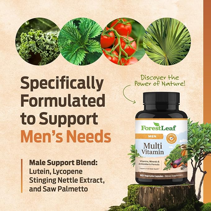 ForestLeaf Daily Vitamin Multivitamin for Men Multi-Vitamin for Men - Mens Multivitamins &amp Multiminerals Supplement | All Essential Vitamins Needed for Health Longevity &amp Energy | 60 Veg Cap