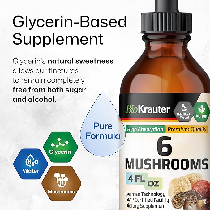 BIO KRAUTER® 6-in-1 Mushroom Complex with Lion’s Mane Chaga Reishi Cordyceps Turkey Tail &amp Shiitake - Vegan Mushroom Supplement for Immune Support - Natural Focus &amp Brain Support 4 Fl. Oz.