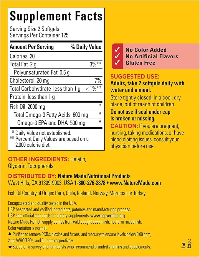 Nature Made Fish Oil Omega 3 Supplements 2000mg Per Serving Softgels Omega 3 Fish Oil for Healthy Heart Support 250 Softgels 125 Day Supply