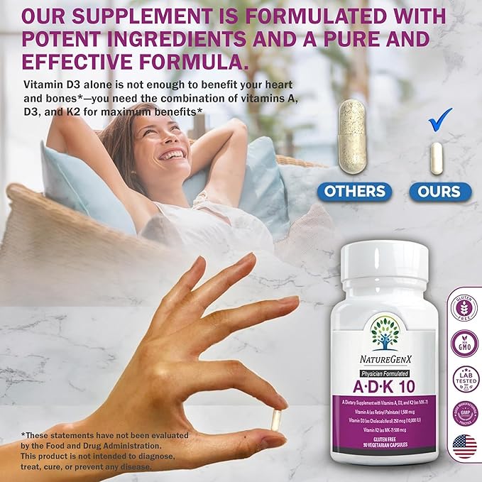 ADK10 – ADK Vitamin Supplement | High Potency Vitamins A D3 (10000 IU) &amp K2 MK-7 for Bone Heart &amp Immune Health | 90 Tiny Capsules | 3 Month Supply | Non-GMO Gluten Free