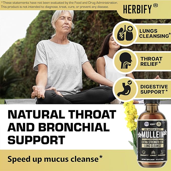 HERBIFY Mullein Drops - Lung Cleanse - Leaf Extract - Powerful Mullein for Immune Support Detox &amp Respiratory Support - Made in USA - 4 Oz Vanilla Flavor