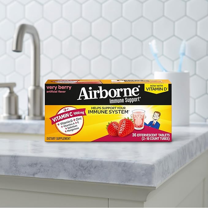 Vitamin C 1000mg (per serving) - Airborne Very Berry Effervescent Tablets (36 count in a box) Gluten-Free Immune Support Supplement With Vitamins A C E ZINC Selenium Echinacea &amp Ginger