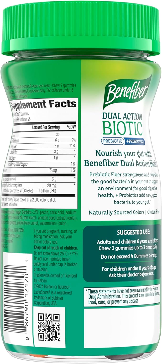 Benefiber Prebiotic GLP-1 Friendly Fiber Supplement Gummies with Probiotics for Digestive Health Assorted Fruit Flavors - 50 Count