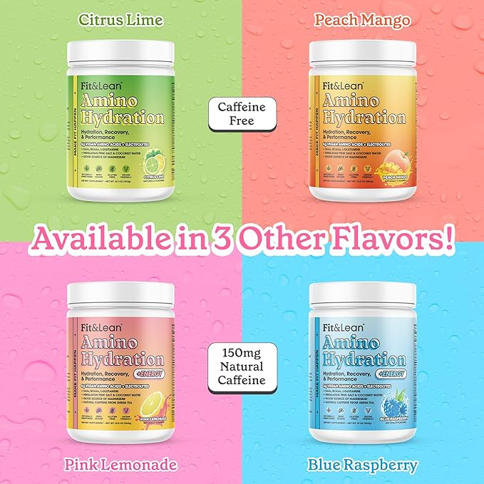 Fit&ampLean Amino Hydration Plus Energy Pre Workout Powder 6g Vegan Amino Acids Essential Amino Acids EAA BCAA Glutamine Electrolytes &amp Natural Caffeine Blue Raspberry 30 Serve