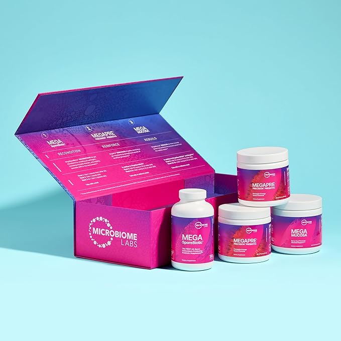 Microbiome Labs Total Gut Restoration Kit (Powder) - 3-Product Gut Health Spore Based Probiotic Prebiotic Powder &amp Mucosal Immunoglobulin + Amino Acids Supplement for Immune GI &amp Digestive H