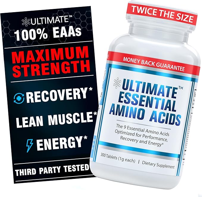 Ultimate Essential Amino Acids Supplement for Cutting Fasting &amp Workouts | All 9 EAAs 3000mg | 40% Leucine 4:1:1 BCAA Ratio | Binder-Free with Organic Coating | Vegan Keto Non-GMO | 300 Table