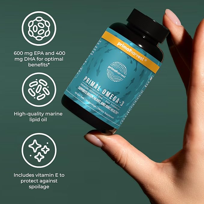 Primal Harvest Omega 3 Fish Oil Supplements 30 Servings Soft Gels Capsules w/ 1000mg EPA + DHA Supplements No Fishy Burps Non-GMO Omega 3 Fatty Acid