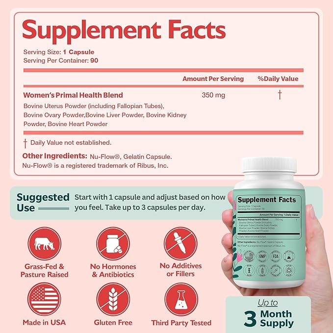 Happee Grass Fed Beef Organ Supplement for Women - Beef Liver Heart Kidney Ovary &amp Uterus Blend - Hormone Balance Energy &amp Cycle Support - 90 Capsules