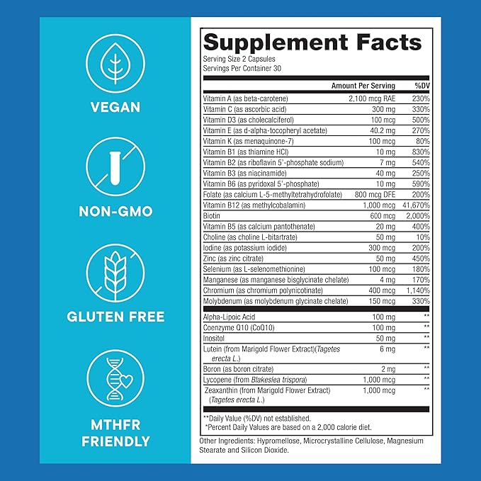 Purest® Methylated Multivitamin for Men &amp Women | Methylated B12 1000mcg Biotin B Complex with 600mcg Vitamin D Vitamin C E A Methylfolate | Daily Methylate Multivitamin for Energy &amp Wel