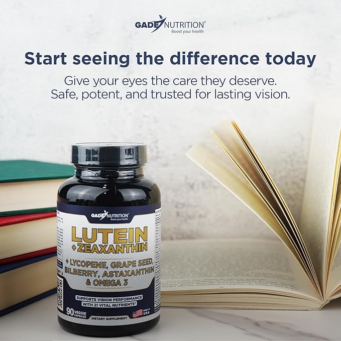 Gade Nutrition Lutein and Zeaxanthin Supplements | Astaxanthin Eye Vitamins with Omega 3 Resveratrol Bilberry Lycopene Quercetin Ginkgo Biloba Vitamin D and More Eye Care Vitamins and Minerals