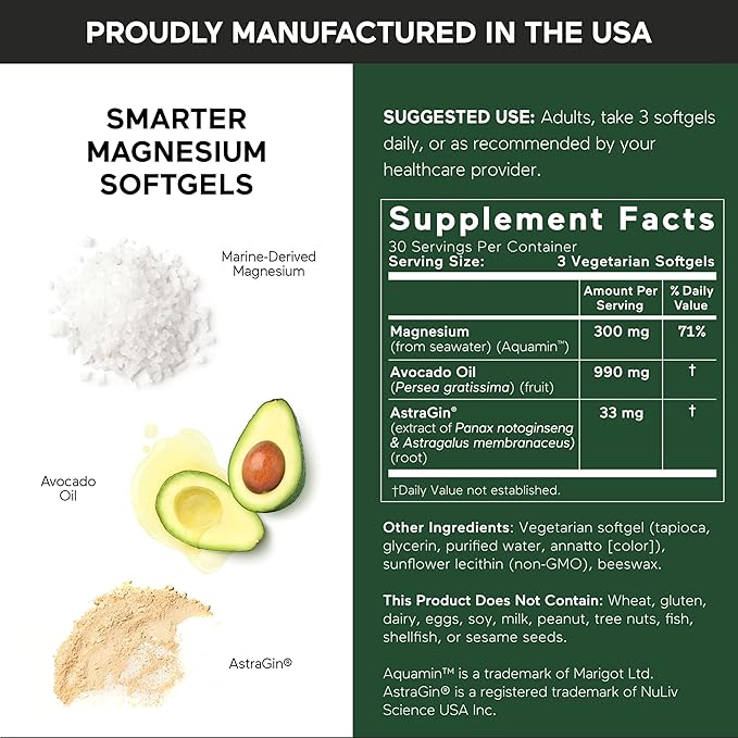 Smarter Nutrition Marine Magnesium Supplement 300mg - Naturally Sourced Clinically Tested Magnesium + Avocado Oil &amp AstraGin for High Absorption - Non-GMO (90 Count (Pack of 6))