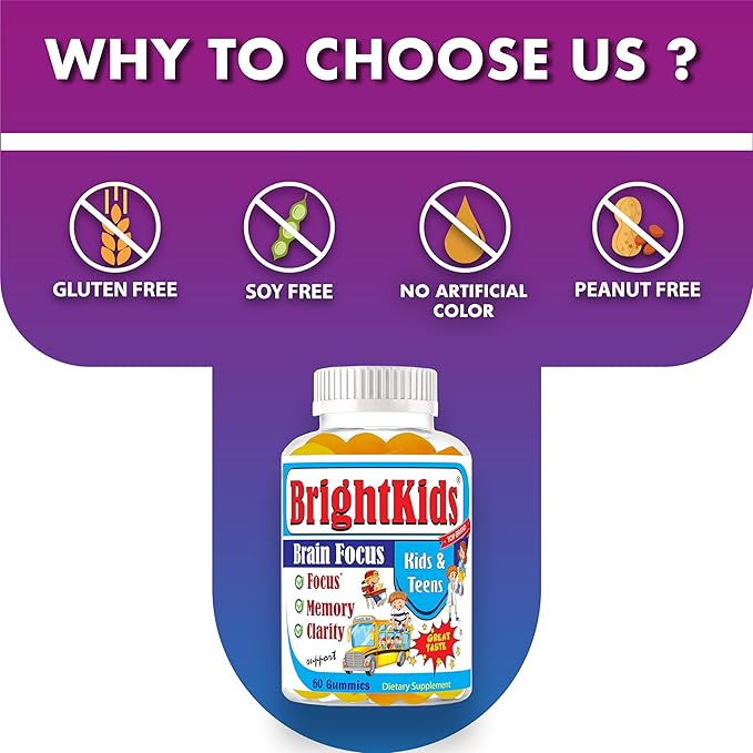 BrightKids Focus Gummies for Kids &amp Teens – Brain Gummies for Memory and Focus Omega 3 DHA Brain Vitamins for Kids Attention &amp Learning Support Supplement Drug-Free Made in USA 60 Count