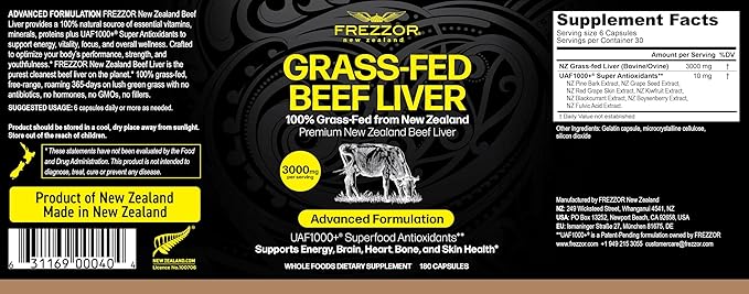 FREZZOR New Zealand 100% Live-Grass-Fed Beef Liver &amp Organs Combo Pack Supports Whole Body Wellness and Energy with Proprietary Blend of Liver Heart Kidney Pancreas &amp Spleen Non-GMO360 C