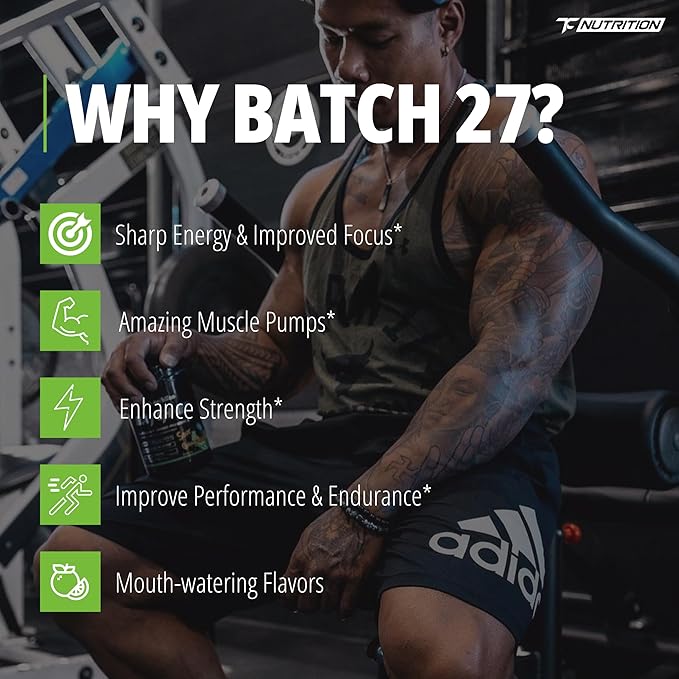 TC Nutrition Batch 27 Pre Workout Powder - 8g Citrulline 3.5g Beta Alanine 2.5g Betaine 325mg Caffeine | Instant Energy Focus Pumps &amp Strength | Nitric Oxide Booster 20 sv (Sour Gummy Bears)