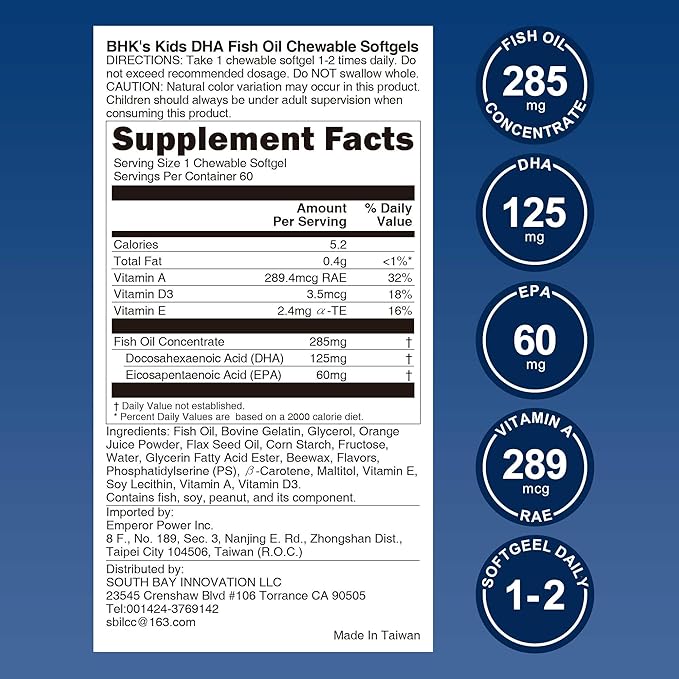 BHK's Children’s DHA Fish Oil: Chewable Omega-3 for Brain Eye &amp Immune Support - Delicious Orange Flavor Non-GMO &amp Heavy Metal Tested - 60 Softgels