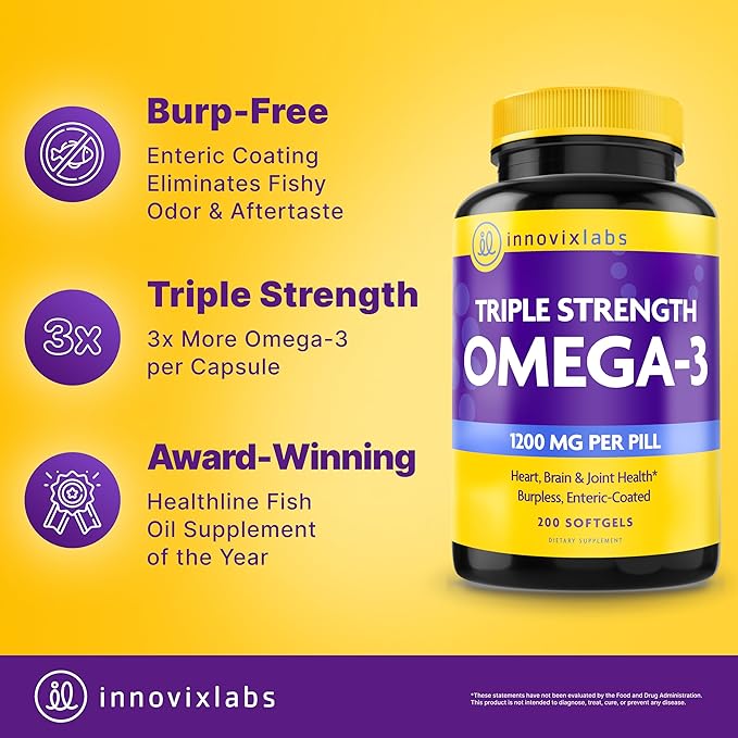 InnovixLabs Triple Strength Omega 3 Supplement Burpless Fish Oil for Women and Men - 900 mg EPA &amp DHA Brain &amp Joint Support Award Winning &amp Third-Party Tested 200 Softgels