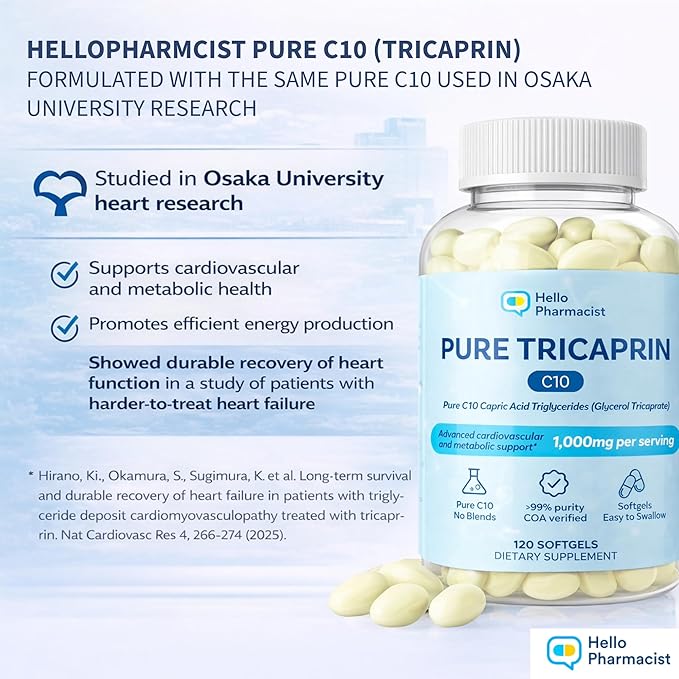 HelloPharmacist 100% Pure Tricaprin C10 - Capric Acid Triglycerides (Glycerol Tricaprate) - Advanced Cardiovascular Heart &amp Cellular Energy Support - 120 Softgels - Made in the USA