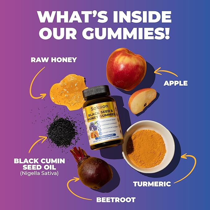Sakoon nutrition Black Seed Oil Gummies with Honey and W/ 2%+ THYMOQUINONE - Nigella Sativa Seeds - Super antioxidant for Immune Support Joints Digestion Hair &amp Skin - 60 Gummies