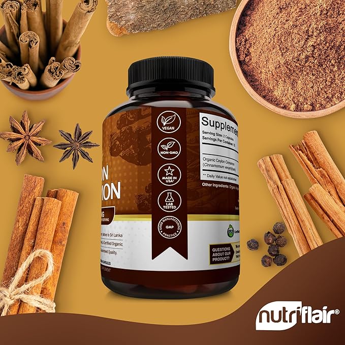 NutriFlair Organic Ceylon Cinnamon (100% Certified Organic Ceylon Cinnamon) 1200mg per Serving 180 Capsules - Joints Inflammatory Antioxidant