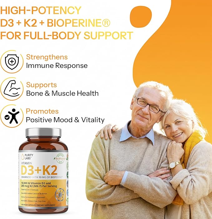 Purity Labs Vitamin D3 K2 10000 IU (250mcg) D3 + 200mcg K2 MK7 - Immune Support Supplement Enhanced with Bioperine - Supplements for Daily Defense Bone Muscle &amp Skin Health - 120 Capsules