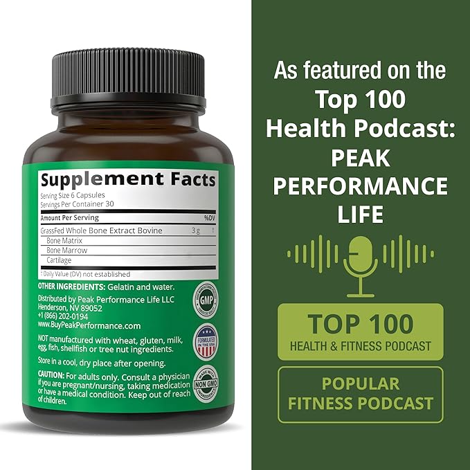 Peak Performance Grass Fed Bone Marrow - Whole Extract Supplement 180 Capsules - Superfood Pills Rich in Collagen Vitamins and Amino Acids - from Matrix Cartilage - Ancestral Tablets