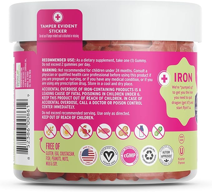 Vitamin Friends - Vegan Multivitamin &amp Iron for Kids - Daily Nutritional Support Gummies w/Ferrous Fumarate B-Complex Vitamin C Zinc Biotin - Body Function &amp Anemia - Strawberry Jam(60 Day