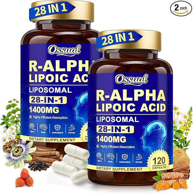 R Alpha Lipoic Acid 1400mg Neuropathy Supplements 28-in-1 Stabilized ALA Supplements with L-Carnitine NAC &amp Benfotiamine R-ALA Supplement Antioxidant for Nerve Brain Energy丨Vegan 240 Capsule