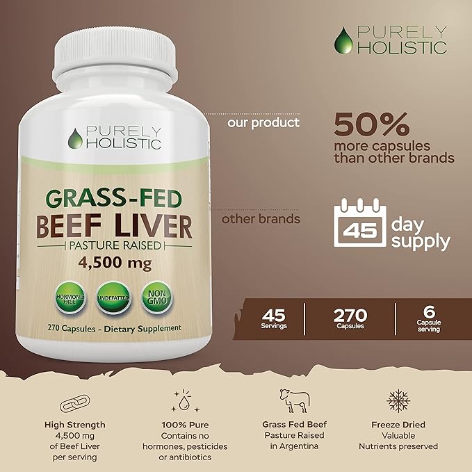 Grass Fed Beef Liver Capsules 4500mg - 270 Capsules 750mg Each - Grassfed Desiccated Liver Supplement - Pasture Raised in Argentina Non GMO Hormone Free Source of Heme Iron CoQ10 Vitamins A &amp B12