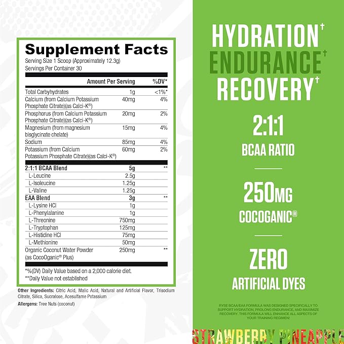 RYSE BCAA EAA Powder - Strawberry Pineapple - 5g Branched Chain Amino Acids 3g Essential Aminos Sugar-Free Electrolytes for Pre &amp Post Workout Muscle Recovery Hydration and Strength - 30 Servin